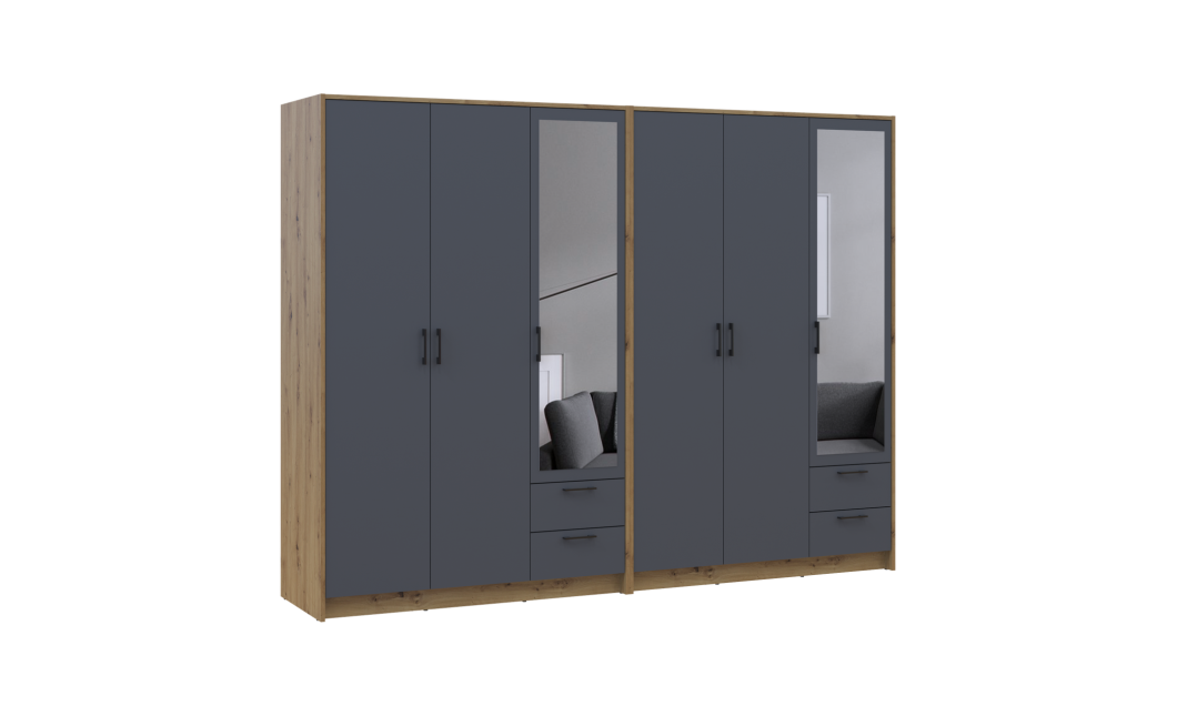 Kleiderschrank mit Spiegel Doros Rondi Artisan Eiche/Graphit 3+3 Türen 242x52x195 (42005695)