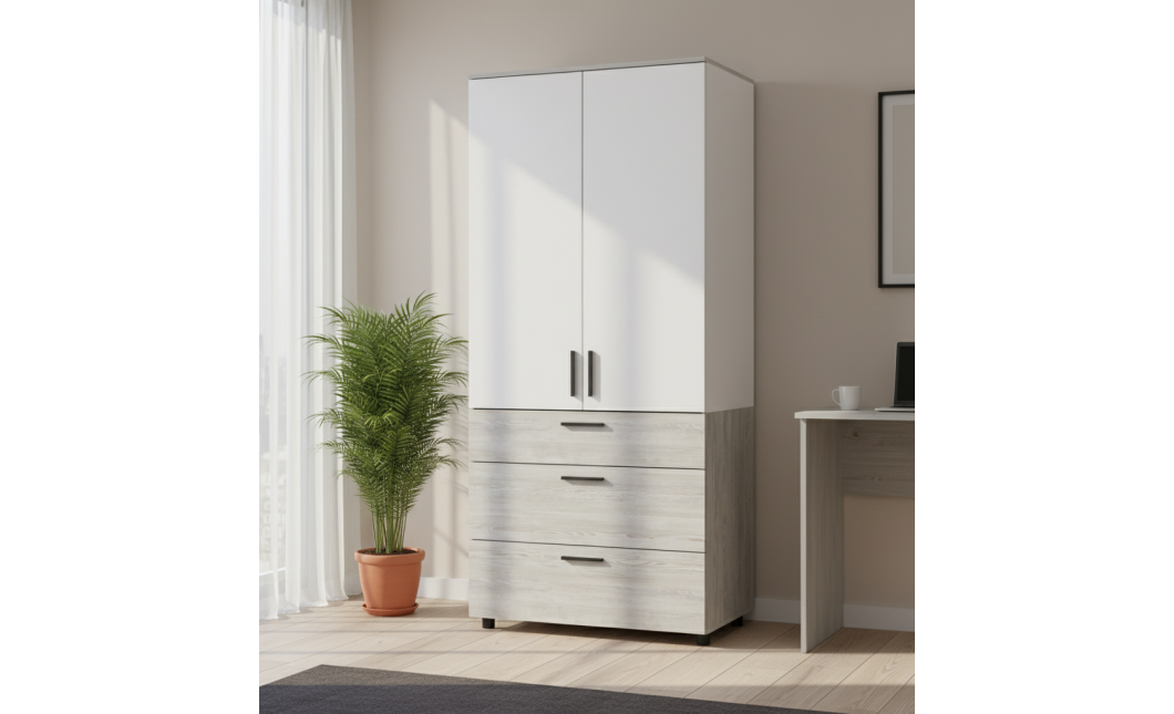 Kleiderschrank Doros Thorn Natti Kiefer/Weiß 2 Türen 3 Schubladen Böden 90x51,6x200 (44900462)