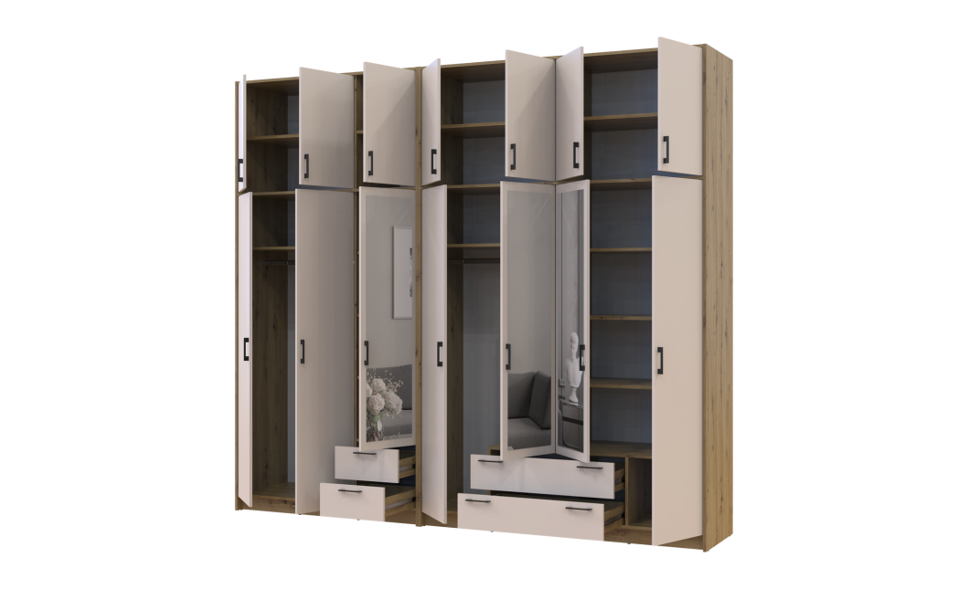 Kleiderschrank mit Spiegel und hohem Aufsatz Doros Rondi Artisan Eiche/Kaschmir 3+4 Türen 281x52x260 (42005685)