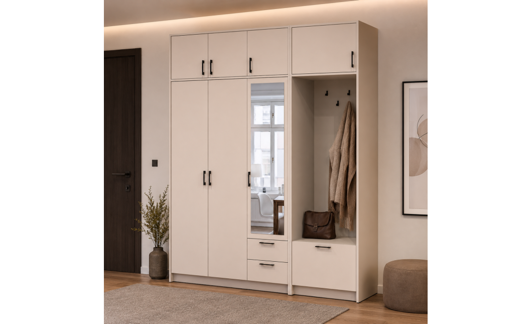 Kleiderschrank Doros Rondi mit Kleiderstange, Spiegel und Oberschrank Kaschmir 3 Türen 181x52x236 (42005404)