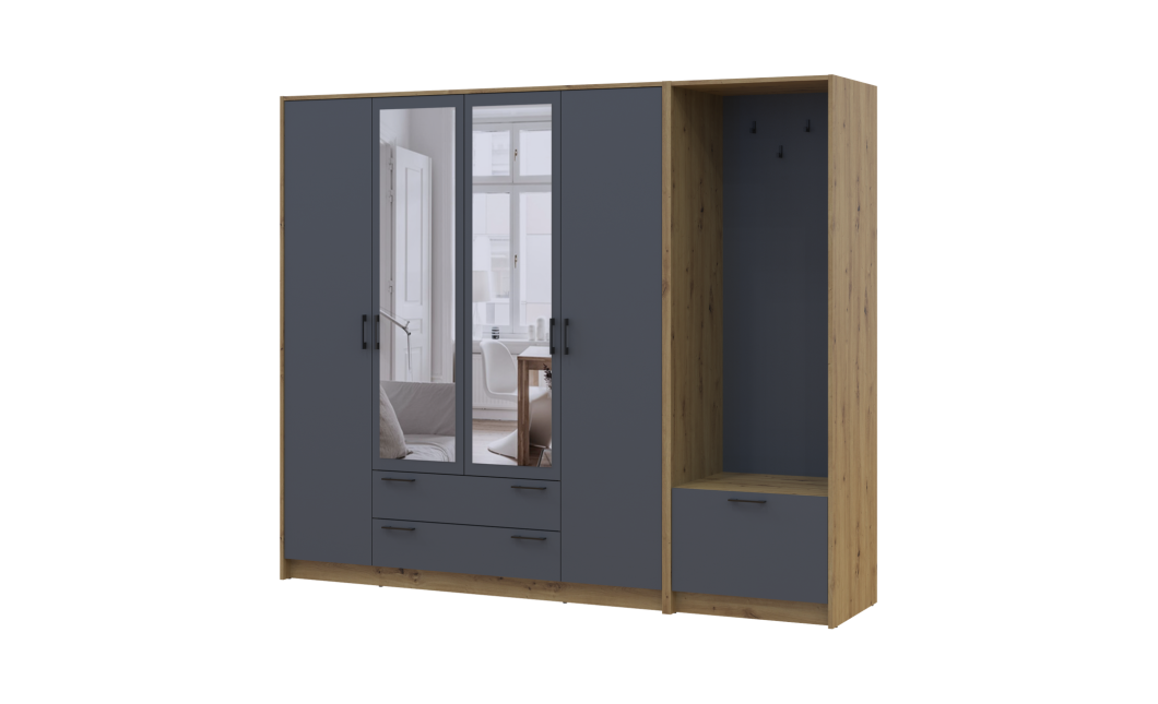 Drehtürenschrank Doros Rondi mit Kleiderstange und Spiegel Artisan Eiche/Graphitgrau 4 Türen 220x52x195 (42005295)