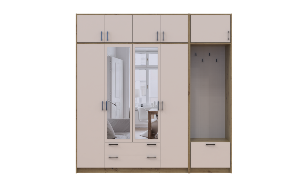 Kleiderschrank Doros Rondi mit Kleiderstange, Spiegel und Oberschrank Artisan Eiche/Kaschmir 4 Türen 220x52x236 (42005298)