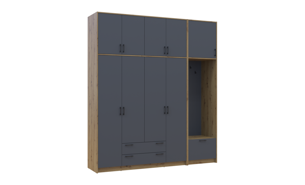 Drehtürenschrank Doros Rondi mit Kleiderstange und hohem Oberschrank Artisan Eiche/Graphitgrau 4 Türen 220x52x260 (42005301)