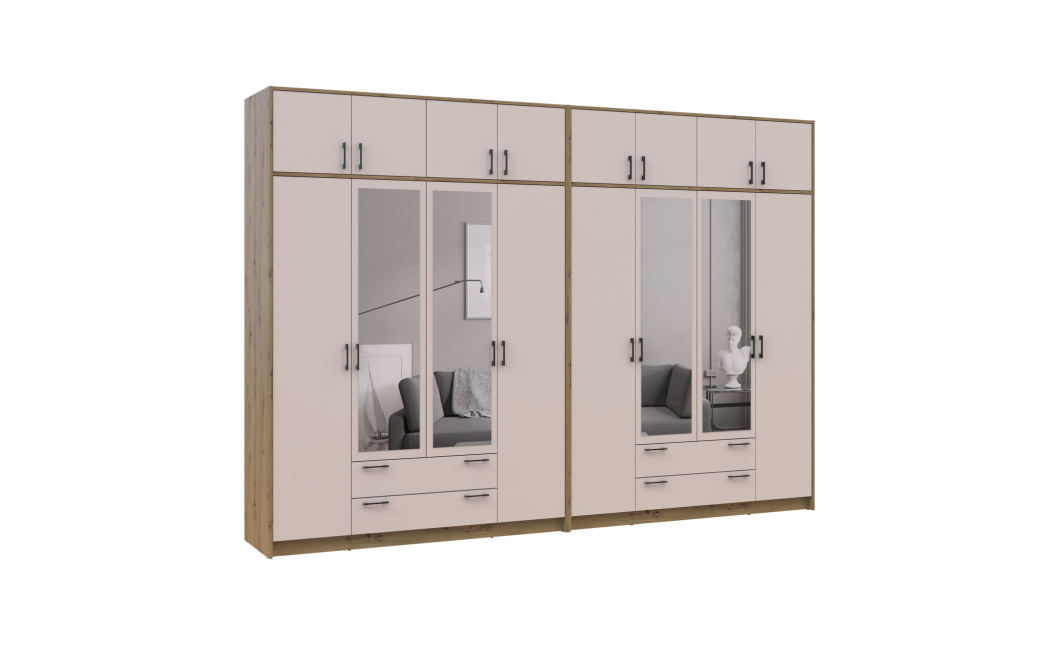 Kleiderschrank mit Spiegel und Aufsatz Doros Rondi Artisan Eiche/Kaschmir 4+4 Türen 320x52x236 (42005675)