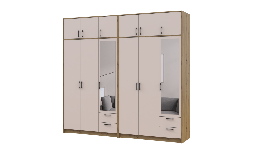 Kleiderschrank mit Spiegel und Aufsatz Doros Rondi Artisan Eiche/Kaschmir 3+3 Türen 242x52x236 (42005671)