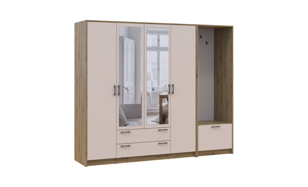 Drehtürenschrank Doros Rondi mit Kleiderstange und Spiegel Artisan Eiche/Kaschmir 4 Türen 220x52x195 (42005294)