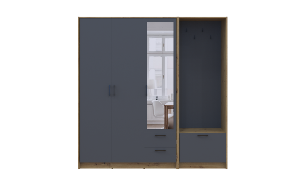 Kleiderschrank Doros Rondi mit Kleiderstange und Spiegel Artisan Eiche/Graphitgrau 3 Türen 181x52x195 (42005283)