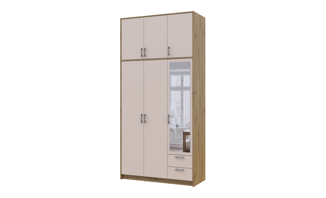 Kleiderschrank Doros Rondi mit Drehtüren mit Oberschrank und Spiegel Artisan Eiche / Kaschmir 3 Türen 121x52x260 (42005196)