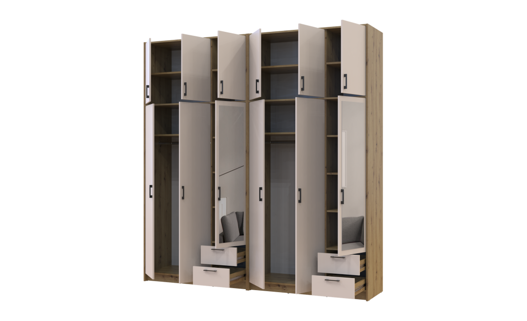 Kleiderschrank mit Spiegel und hohem Aufsatz Doros Rondi Artisan Eiche/Kaschmir 3+3 Türen 242x52x260 (42005683)