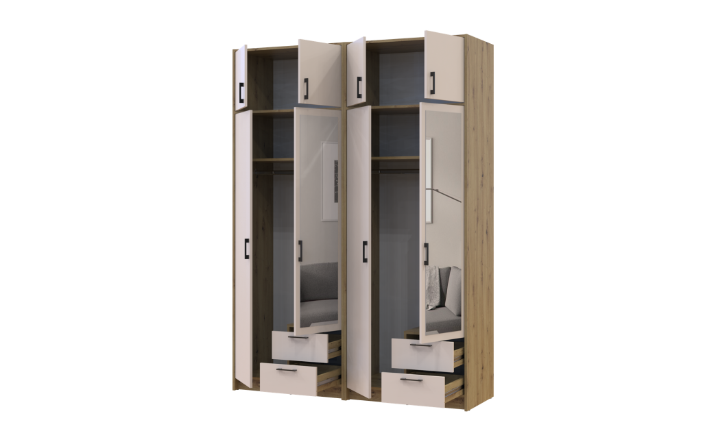 Kleiderschrank mit Spiegel und Aufsatz Doros Rondi Artisan Eiche/Kaschmir 2+2 Türen 164x52x236 (42005665)