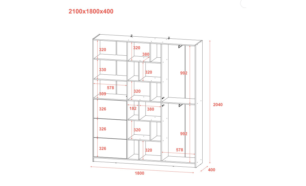 Kleiderschrank Doros Morgan Weiß mit Schubladen 180x40x210 (42002246)