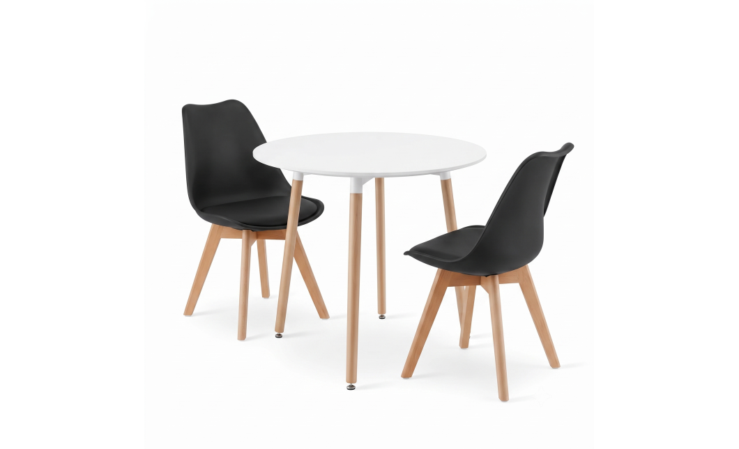 Essgruppe: Runder Tisch KAMI 80 cm Weiß / Beine in Holzfarbe + 2 Stühle MARK Schwarz (100831339)