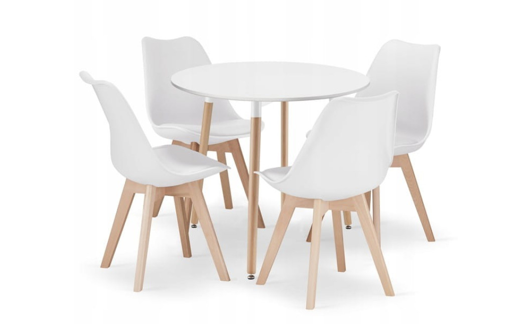 Essgruppe: Runder Tisch KAMI 80 cm Weiß / Beine in Holzfarbe + 4 Stühle MARK Weiß (100831316)