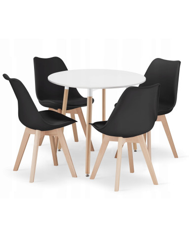 Essgruppe: Runder Tisch KAMI 80 cm Weiß / Beine in Holzfarbe + 4 Stühle MARK Schwarz (100831319)