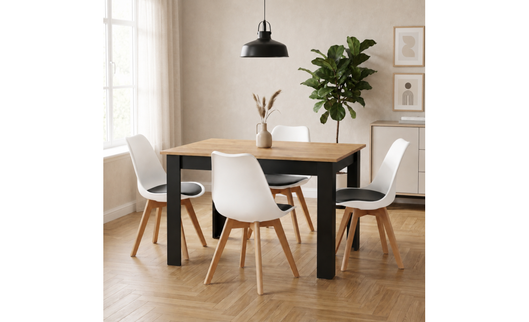 Essgruppe: Tisch NP 120x80 Craft / Schwarz + 4 Stühle MARK Schwarz-Weiß / Naturbeine (100408844)