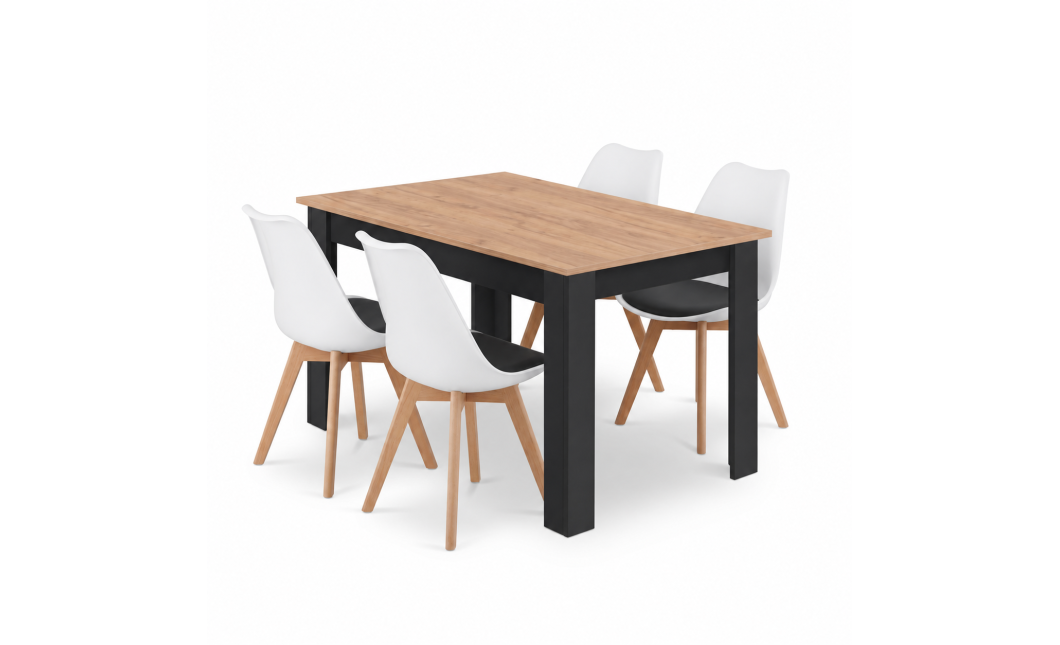 Essgruppe: Tisch NP 120x80 Craft / Schwarz + 4 Stühle MARK Schwarz-Weiß / Naturbeine (100408844)
