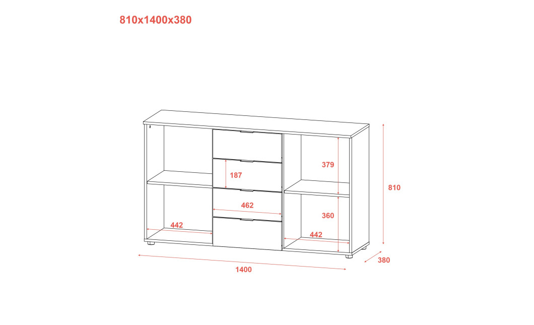 Kommode Doros Ron 5 Graphitgrau 2 Türen 4 Schubladen 140x38x81 (44900235)