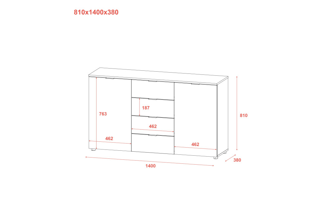 Kommode Doros Ron 5 Graphitgrau 2 Türen 4 Schubladen 140x38x81 (44900235)