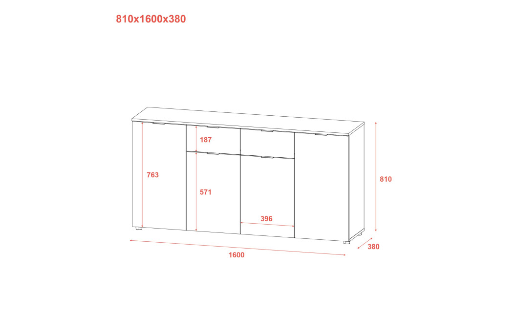 Kommode Doros Ron 7 Graphitgrau 4 Türen 2 Schubladen 160x38x81 (44900236)