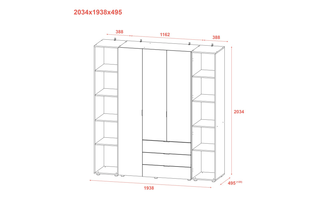 Kleiderschrank Doros Gelar Sonoma Eiche 3 Türen mit 2 offenen Regalböden 192,6x49,5x203,4 (42005049)