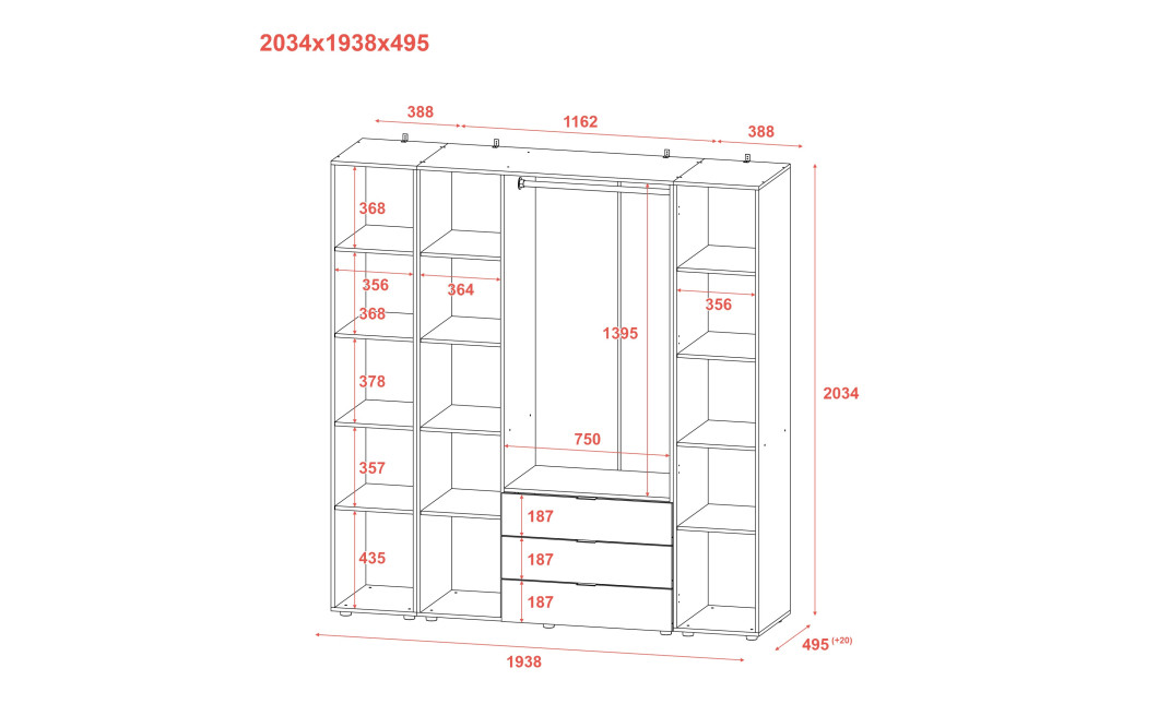 Kleiderschrank Doros Gelar Sonoma Eiche 3 Türen mit 2 offenen Regalböden 192,6x49,5x203,4 (42005049)
