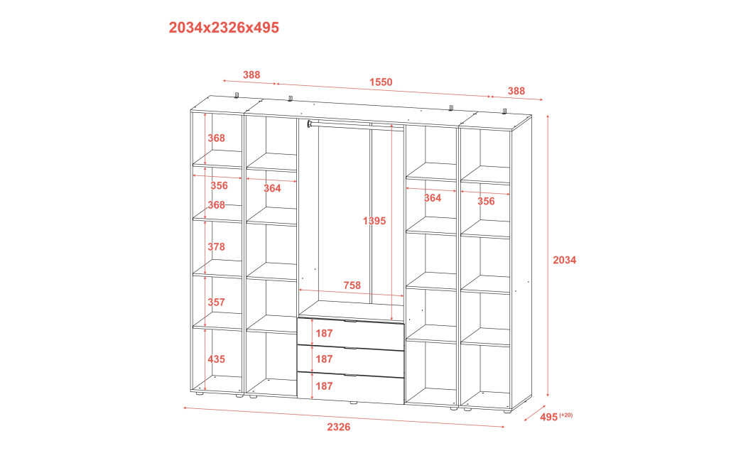 Kleiderschrank Doros Gelar Sonoma Eiche 4 Türen mit 2 offenen Regalböden 231,4x49,5x203,4 (42005050)