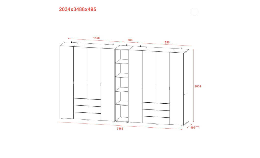Kleiderschrank Doros Gelar Weiß 4+4 Türen mit offenem Regal 348,2x49,5x203,4 (42005040)