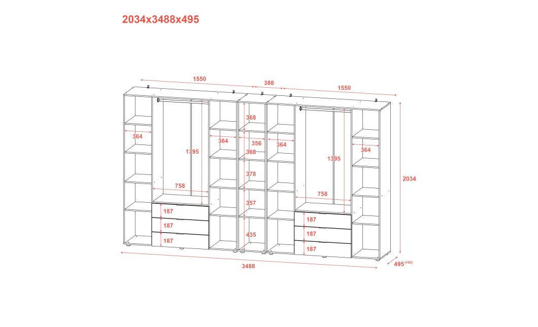 Kleiderschrank Doros Gelar Weiß 4+4 Türen mit offenem Regal 348,2x49,5x203,4 (42005040)