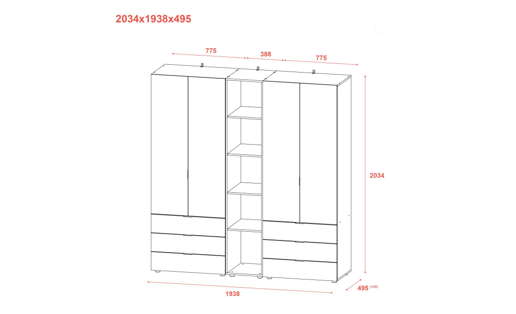 Kleiderschrank Doros Gelar Sonoma Eiche 2+2 Türen mit offenem Regal 193,2x49,5x203,4 (42005044)