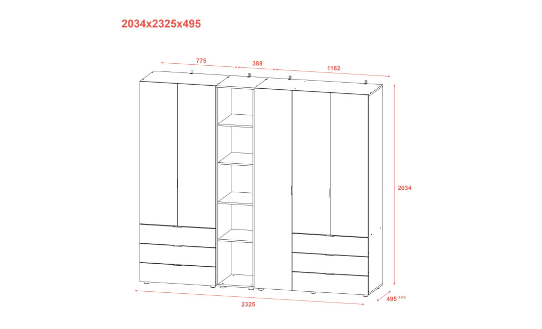 Kleiderschrank Doros Gelar Sonoma Eiche 2+3 Türen mit offenem Regal 231,9x49,5x203,4 (42005046)