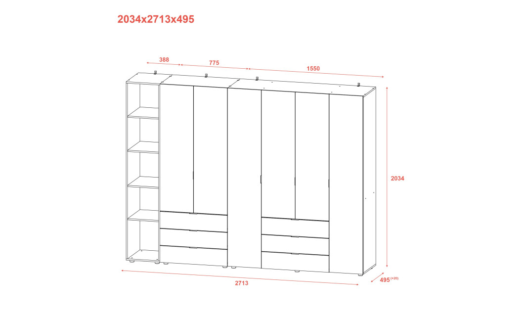 Kleiderschrank Doros Gelar Sonoma Eiche 2+4 Türen mit offenem Regal 270,7x49,5x203,4 (42005051)