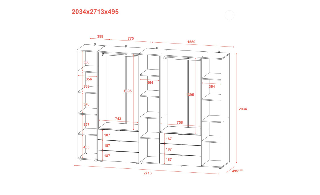 Kleiderschrank Doros Gelar Sonoma Eiche 2+4 Türen mit offenem Regal 270,7x49,5x203,4 (42005051)