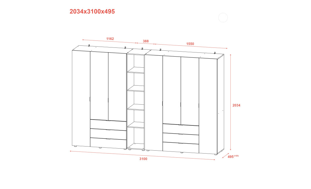 Kleiderschrank Doros Gelar Sonoma Eiche 3+4 Türen mit offenem Regal 309,4x49,5x203,4 (42005048)