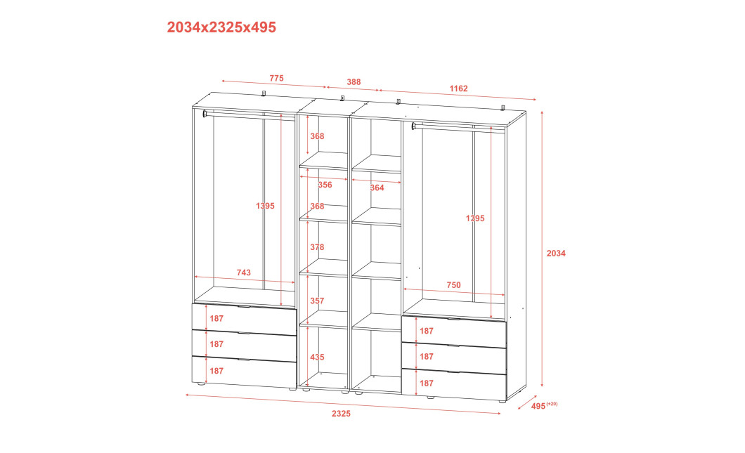 Kleiderschrank Doros Gelar Graphitgrau 2+3 Türen mit offenem Regal 231,9x49,5x203,4 (42005057)