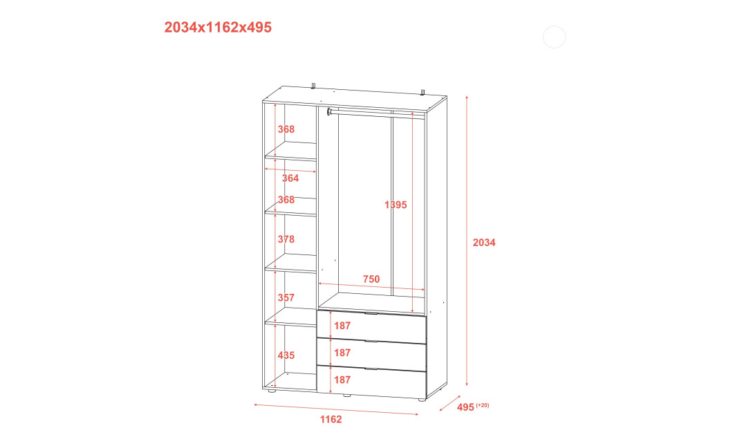 Kleiderschrank Doros Gelar mit Drehtüren Weiß 3 Türen 116,2x49,5x203,4 (80397641)