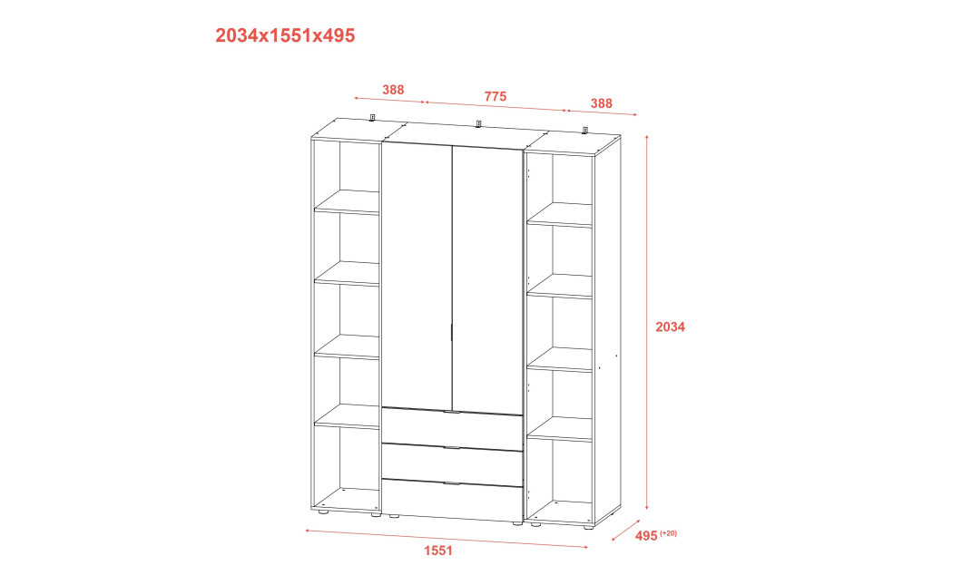 Kleiderschrank Doros Gelar mit Drehtüren Graphitgrau 4 Türen 155x49,5x203,4 (80737075)
