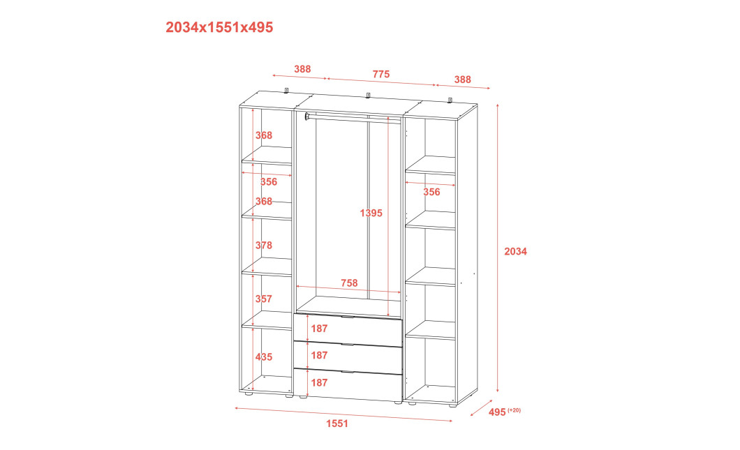 Kleiderschrank Doros Gelar mit Drehtüren Graphitgrau 4 Türen 155x49,5x203,4 (80737075)