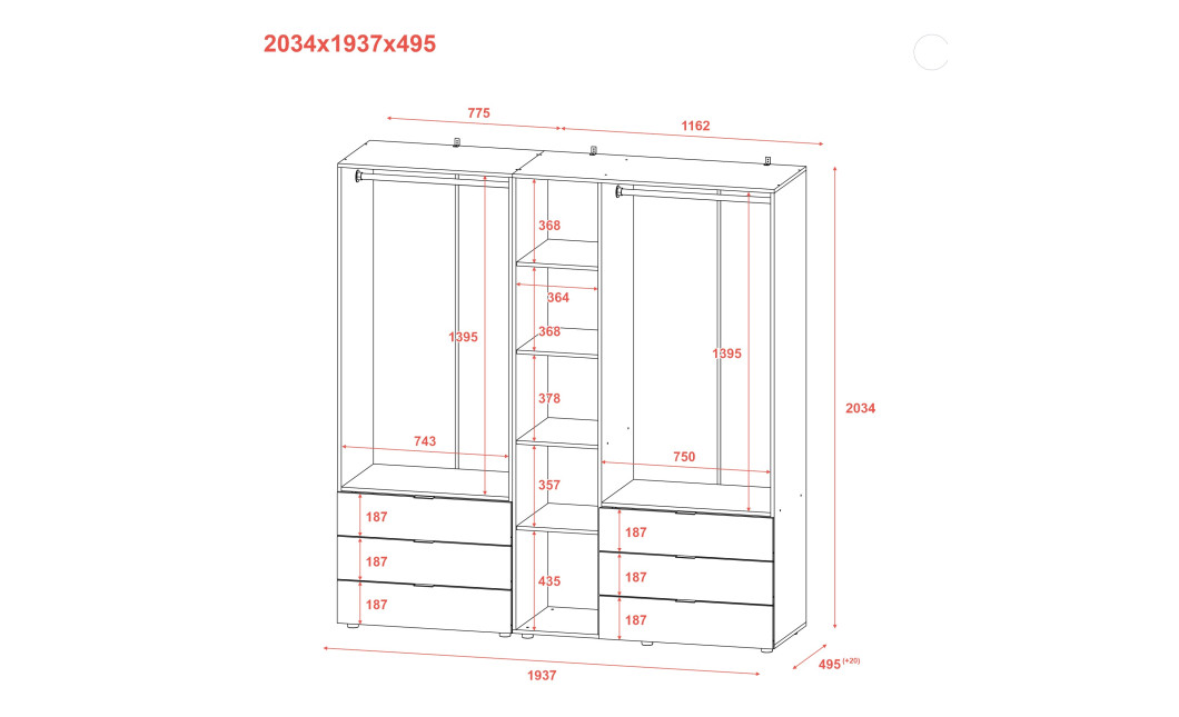 Kleiderschrank Doros Gelar Set mit Drehtüren Weiß 2+3 Türen 193,7x49,5x203,4 (42002116)