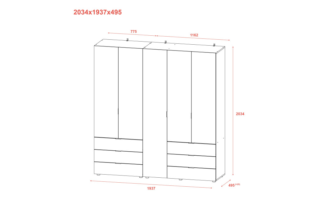Kleiderschrank Doros Gelar Set mit Drehtüren Weiß 2+3 Türen 193,7x49,5x203,4 (42002116)