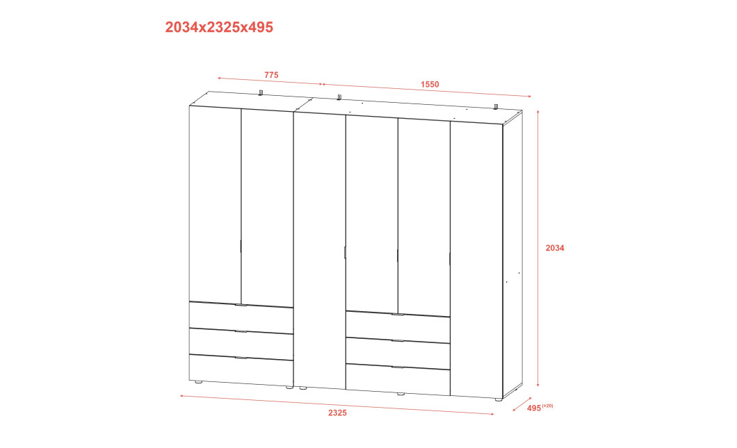 Kleiderschrank Doros Gelar Set Weiß 2+4 Türen 232,5x49,5x203,4 (42002124)