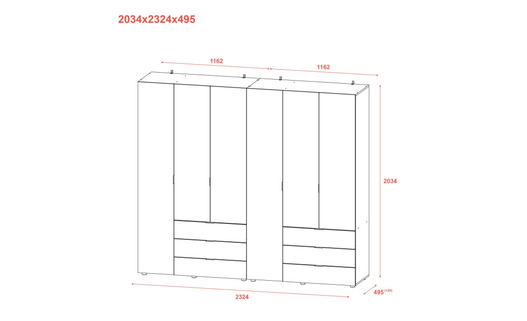 Kleiderschrank Doros Gelar Set mit Drehtüren Weiß 3+3 Türen 232,4x49,5x203,4 (42002119)