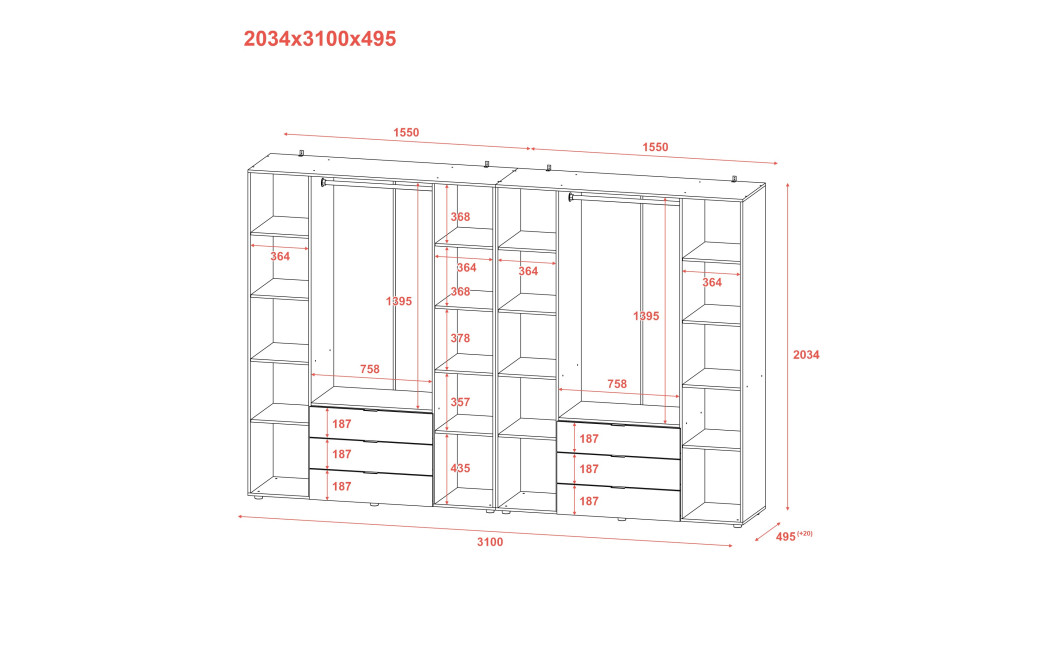 Kleiderschrank Doros Gelar Set mit Drehtüren Weiß 4+4 Türen 310x49,5x203,4 (42002121)