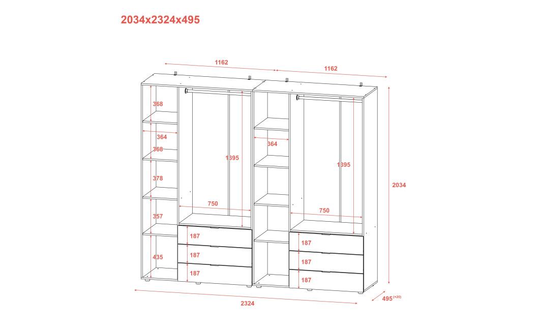Kleiderschrank Doros Gelar Set mit Drehtüren Sonoma Eiche 3+3 Türen 232,4x49,5x203,4 (42002125)