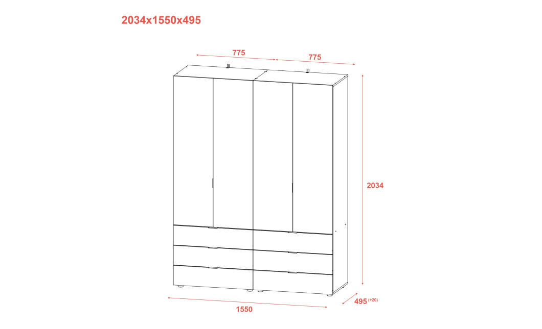 Kleiderschrank Doros Gelar Set mit Drehtüren Graphitgrau 2+2 Türen 155x49,5x203,4 (42002131)