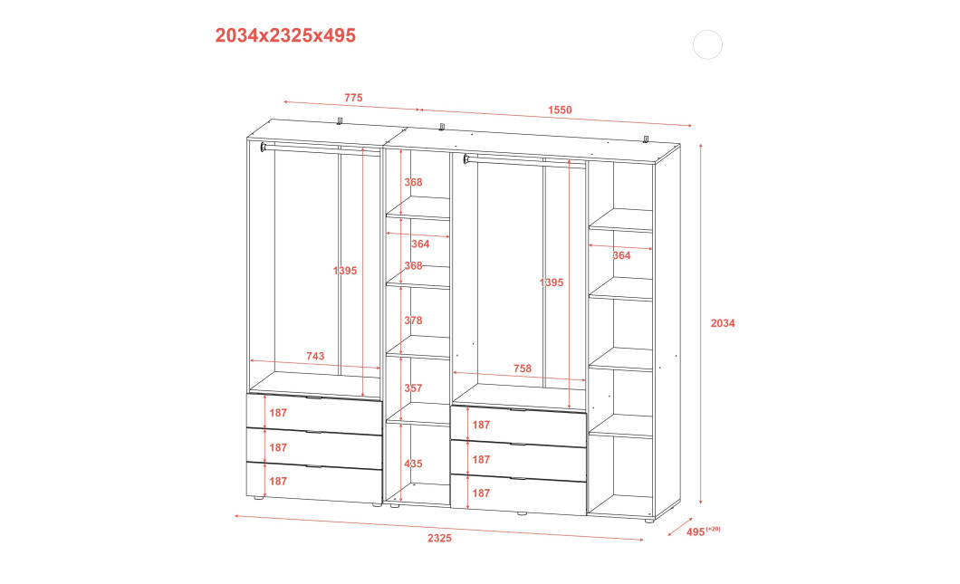 Kleiderschrank Doros Gelar Set mit Drehtüren Graphitgrau 2+4 Türen 232,5x49,5x203,4 (42002133)
