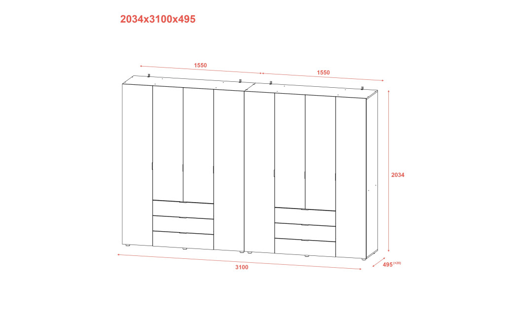 Kleiderschrank Doros Gelar Set mit Drehtüren Graphitgrau 4+4 Türen 310x49,5x203,4 (42002130)