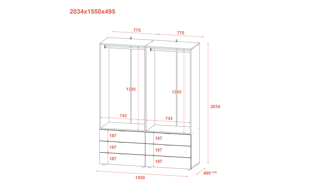 Kleiderschrank Doros Gelar Set mit Drehtüren Kaschmir 2+2 Türen 155x49,5x203,4 (80737637)