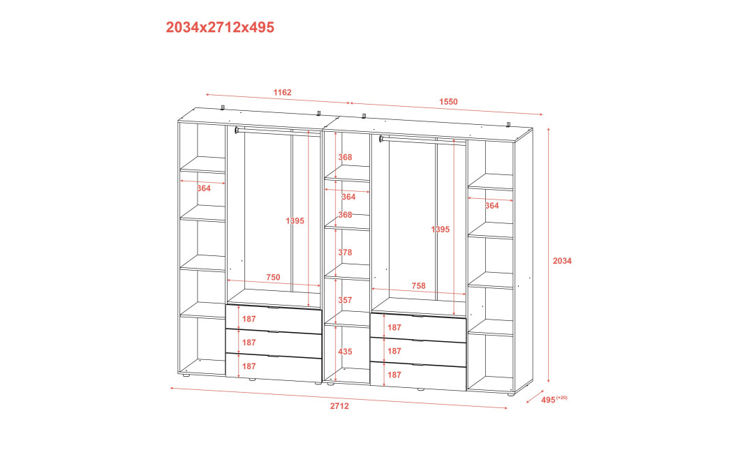 Kleiderschrank Doros Gelar Set mit Drehtüren Kaschmir 3+4 Türen 271,2x49,5x203,4 (80737641)