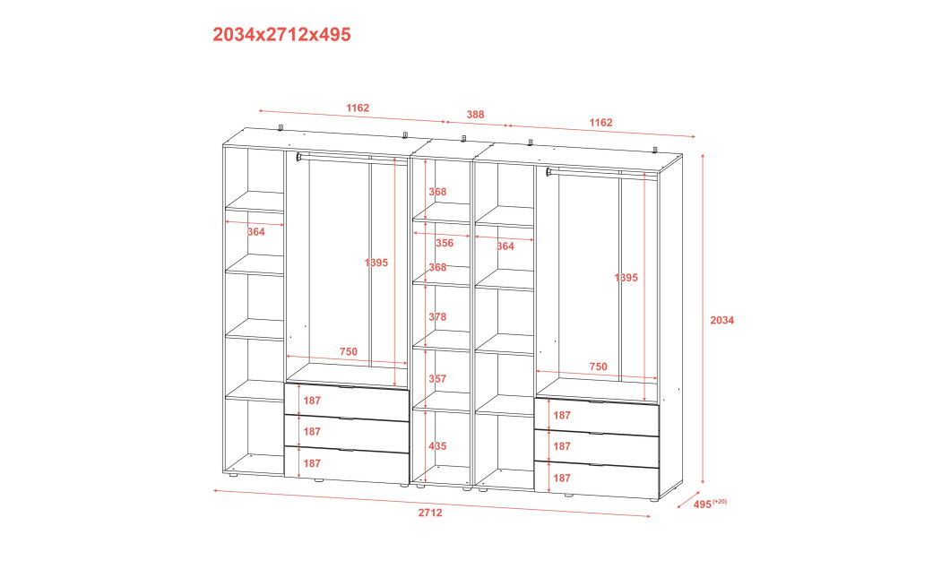 Kleiderschrank Doros Gelar Kaschmir 3+3 Türen mit offenem Regal 270,6x49,5x203,4 (80737652)