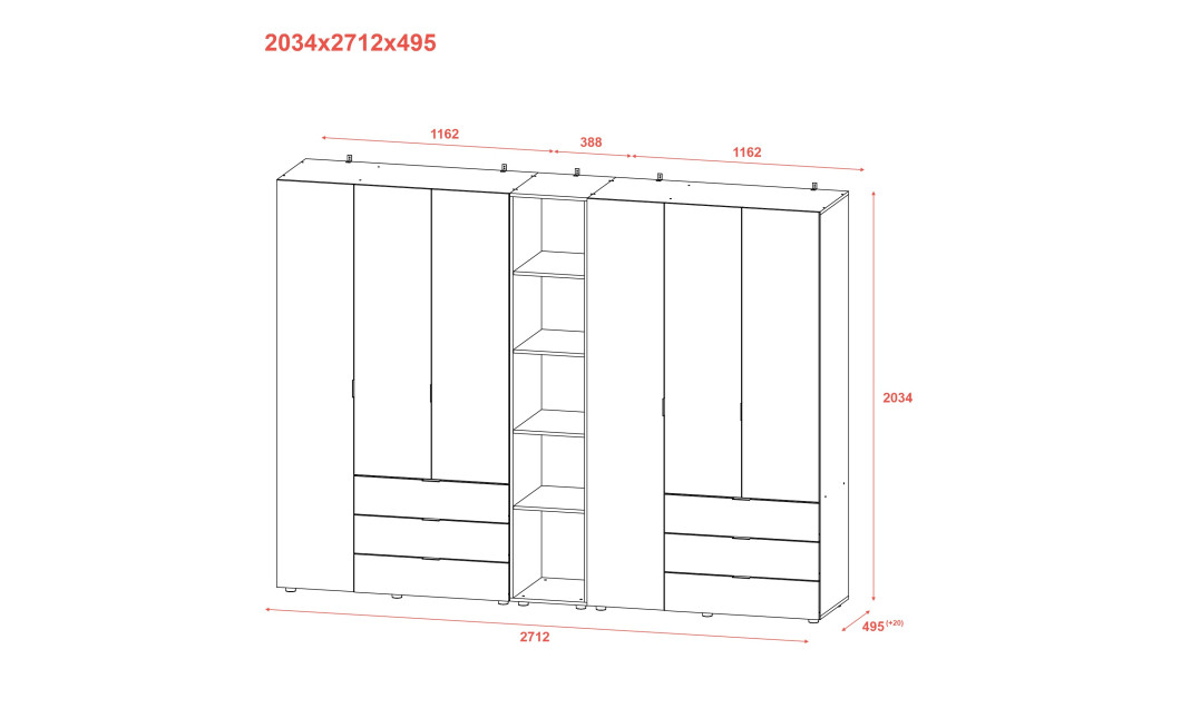 Kleiderschrank Doros Gelar Kaschmir 3+3 Türen mit offenem Regal 270,6x49,5x203,4 (80737652)